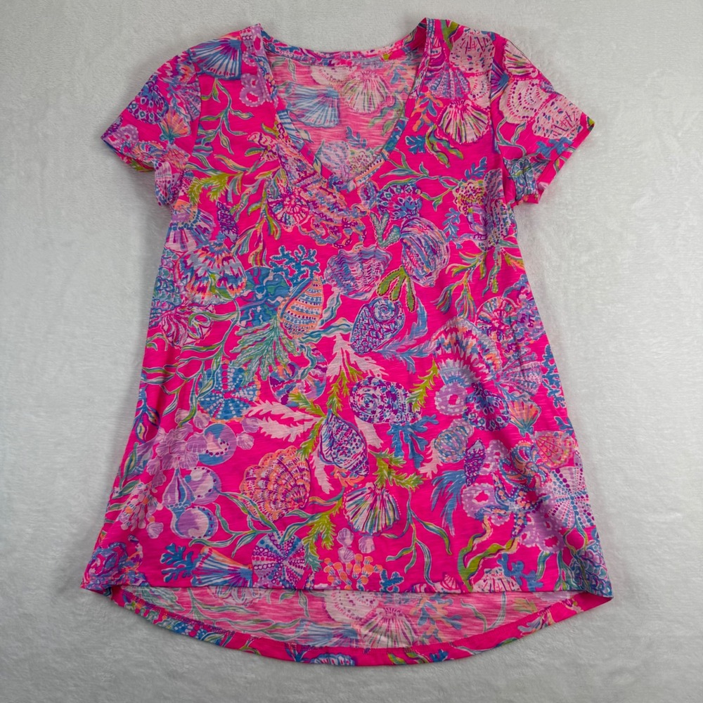 Lilly Pulitzer Womens XS Pink Shell Print V-Neck Short‎ Sleeve Tee 001504 NWOT